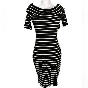 Juicy Couture Women Black White Striped Bodycon Ribbed Off Shoulder Dress S (R2)